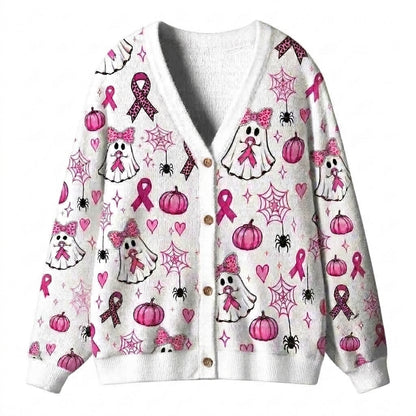 Pink Ribbon Ghost Halloween Teacher Ugly Cardigan Sweaters