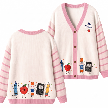 Personalized Name Apple Book Pencil Lines Teacher Ugly Cardigan Sweaters