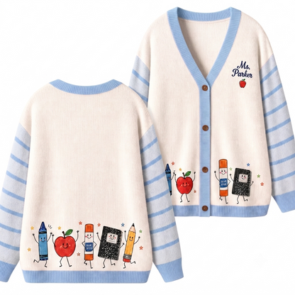 Personalized Name Apple Book Pencil Lines Teacher Ugly Cardigan Sweaters