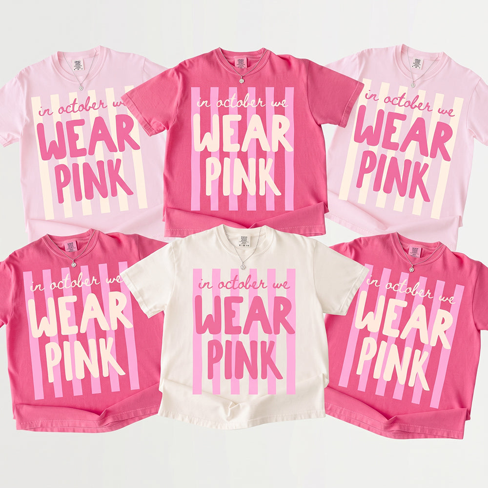 Personalized Name In October We Wear Pink Striped Teacher T-Shirt