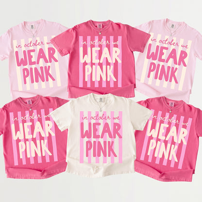 Personalized Name In October We Wear Pink Striped Teacher T-Shirt