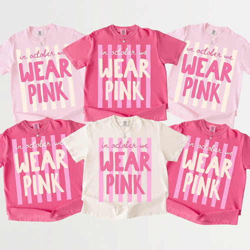 Personalized Name In October We Wear Pink Striped Teacher T-Shirt