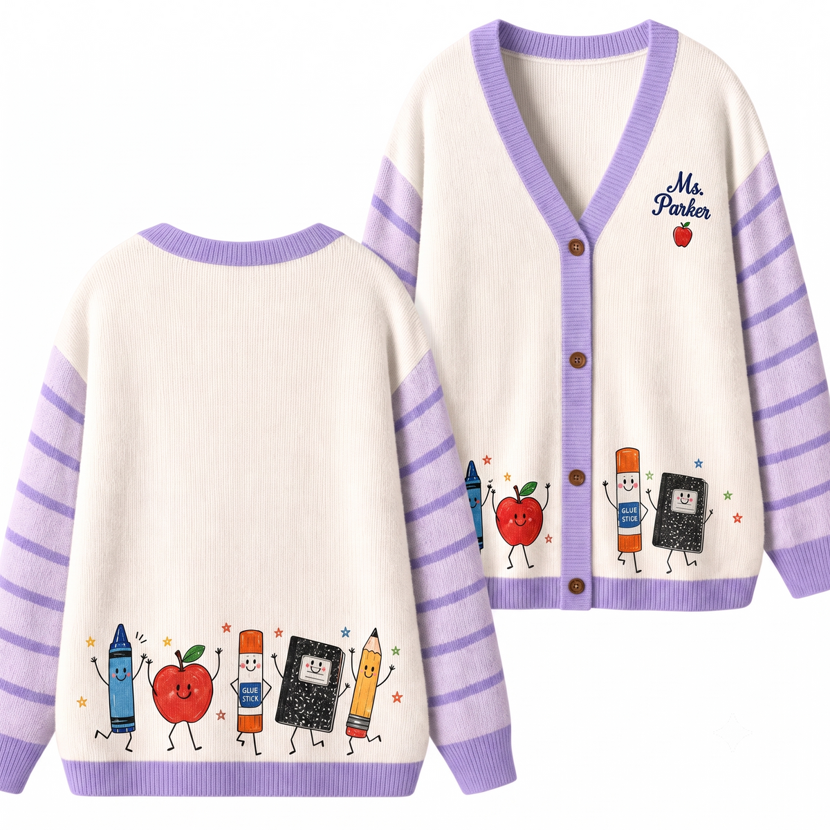 Personalized Name Apple Book Pencil Lines Teacher Ugly Cardigan Sweaters
