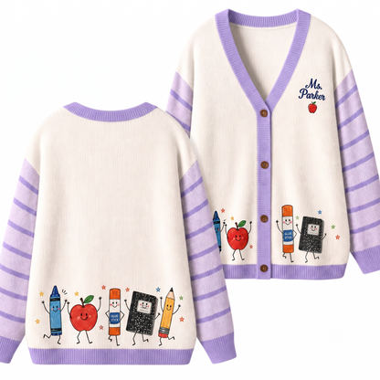 Personalized Name Apple Book Pencil Lines Teacher Ugly Cardigan Sweaters