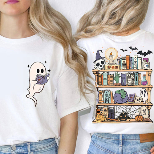 Ghost Reading Book Bookshelf Teacher Two Sided T-Shirt