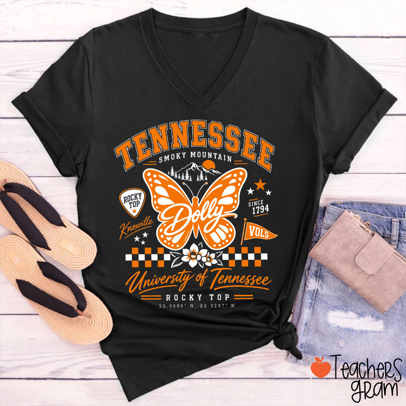 Smoky Mountain Orange Butterfly Checker Floral Teacher V-Neck T-Shirt