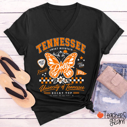 Smoky Mountain Orange Butterfly Checker Floral Teacher V-Neck T-Shirt