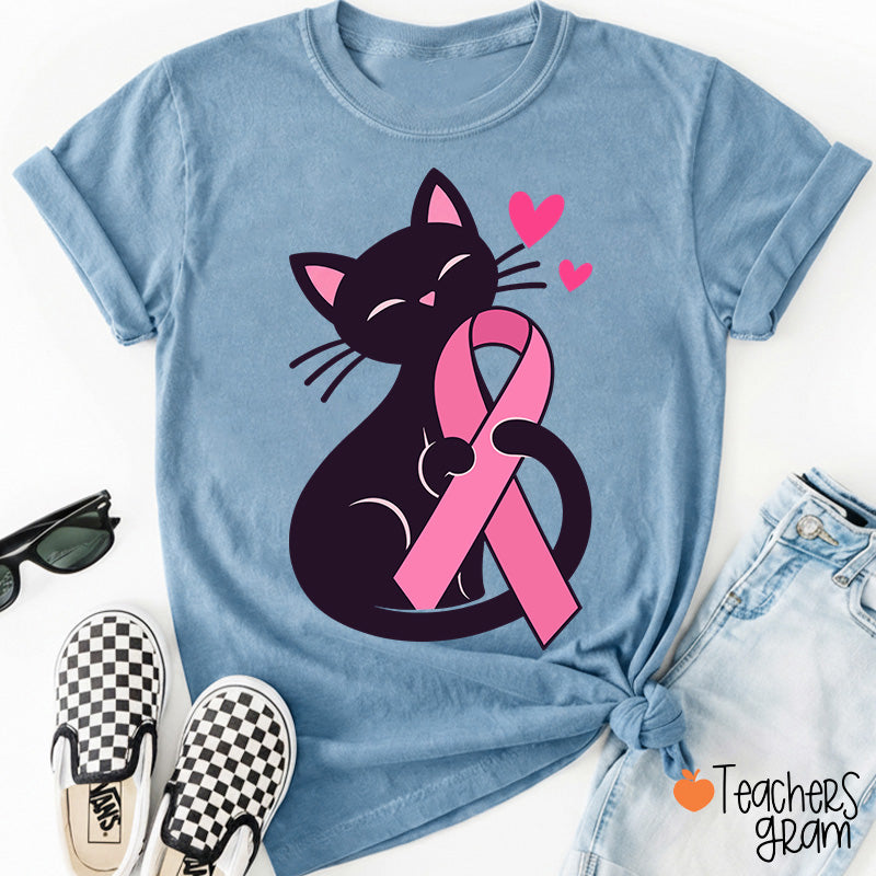 Black Cat Pink Ribbon Love Teacher T-Shirt