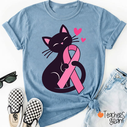 Black Cat Pink Ribbon Love Teacher T-Shirt