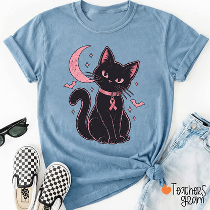 Halloween Pink Ribbon Cat Teacher T-Shirt