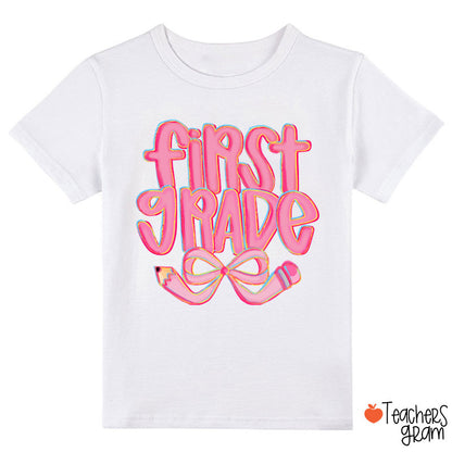 Personalized Grade Pencil Bow Cute Pink Fonts Class T-Shirt
