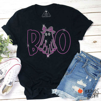 Glitter Print Boo Bow Ghost Halloween Teacher T-Shirt