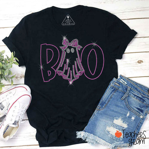 Glitter Print Boo Bow Ghost Halloween Teacher T-Shirt