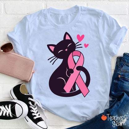 Black Cat Pink Ribbon Love Teacher T-Shirt