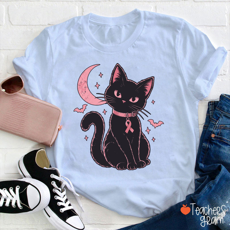 Halloween Pink Ribbon Cat Teacher T-Shirt