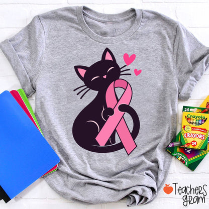 Black Cat Pink Ribbon Love Teacher T-Shirt