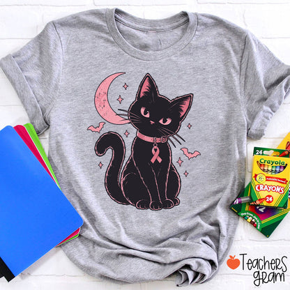 Halloween Pink Ribbon Cat Teacher T-Shirt
