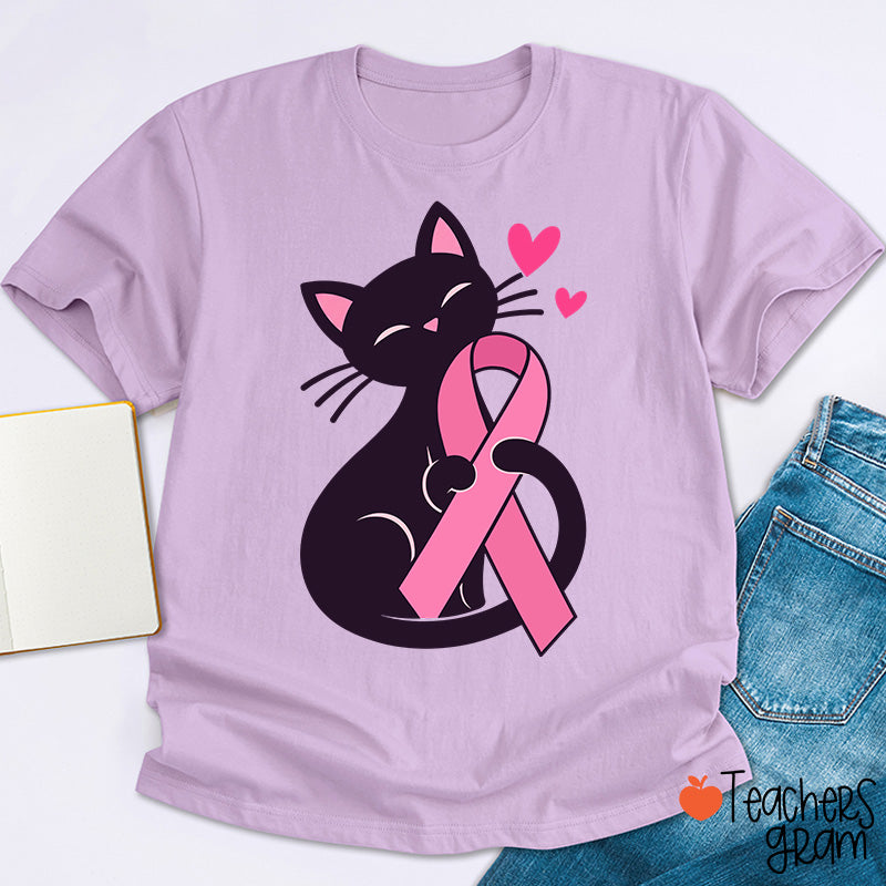 Black Cat Pink Ribbon Love Teacher T-Shirt