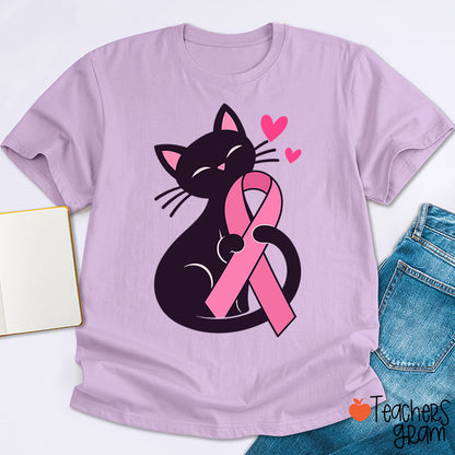 Black Cat Pink Ribbon Love Teacher T-Shirt