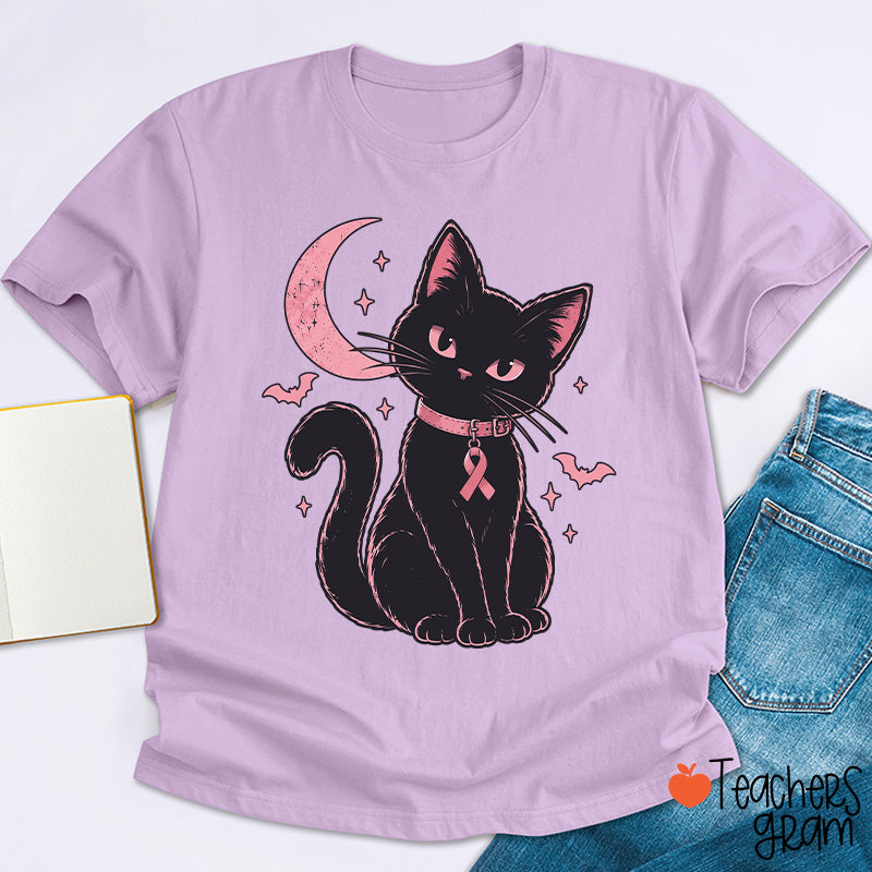 Halloween Pink Ribbon Cat Teacher T-Shirt
