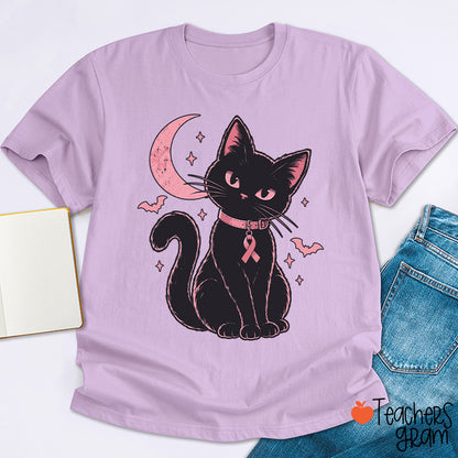 Halloween Pink Ribbon Cat Teacher T-Shirt