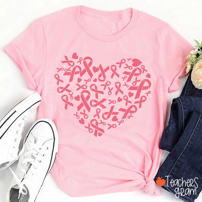 Pink Ribbon Heart For Breast Cancer Awareness Teacher T-Shirt