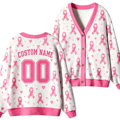 Personalized Name Number Pink Ribbon Heart Teacher Ugly Cardigan Sweaters