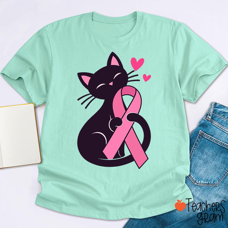 Black Cat Pink Ribbon Love Teacher T-Shirt