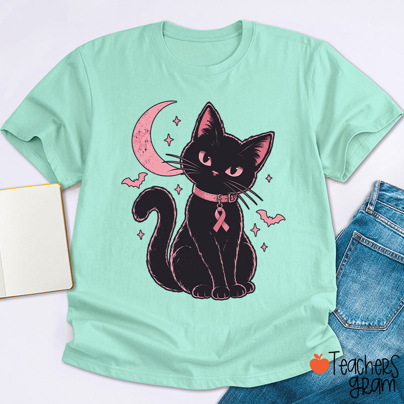 Halloween Pink Ribbon Cat Teacher T-Shirt