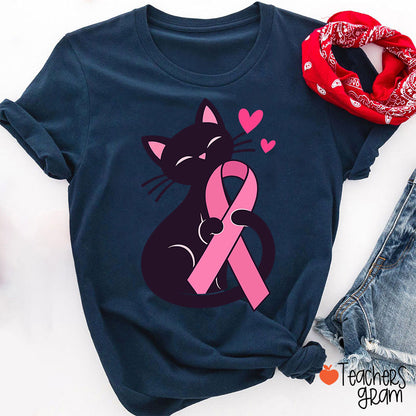 Black Cat Pink Ribbon Love Teacher T-Shirt