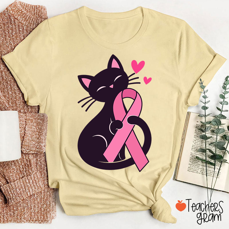 Black Cat Pink Ribbon Love Teacher T-Shirt