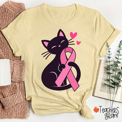 Black Cat Pink Ribbon Love Teacher T-Shirt