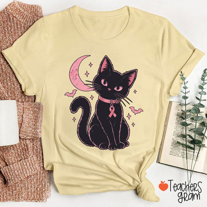 Halloween Pink Ribbon Cat Teacher T-Shirt