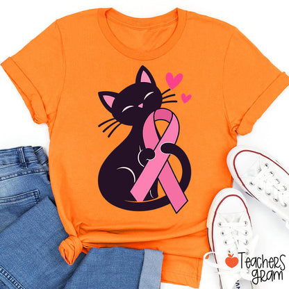 Black Cat Pink Ribbon Love Teacher T-Shirt
