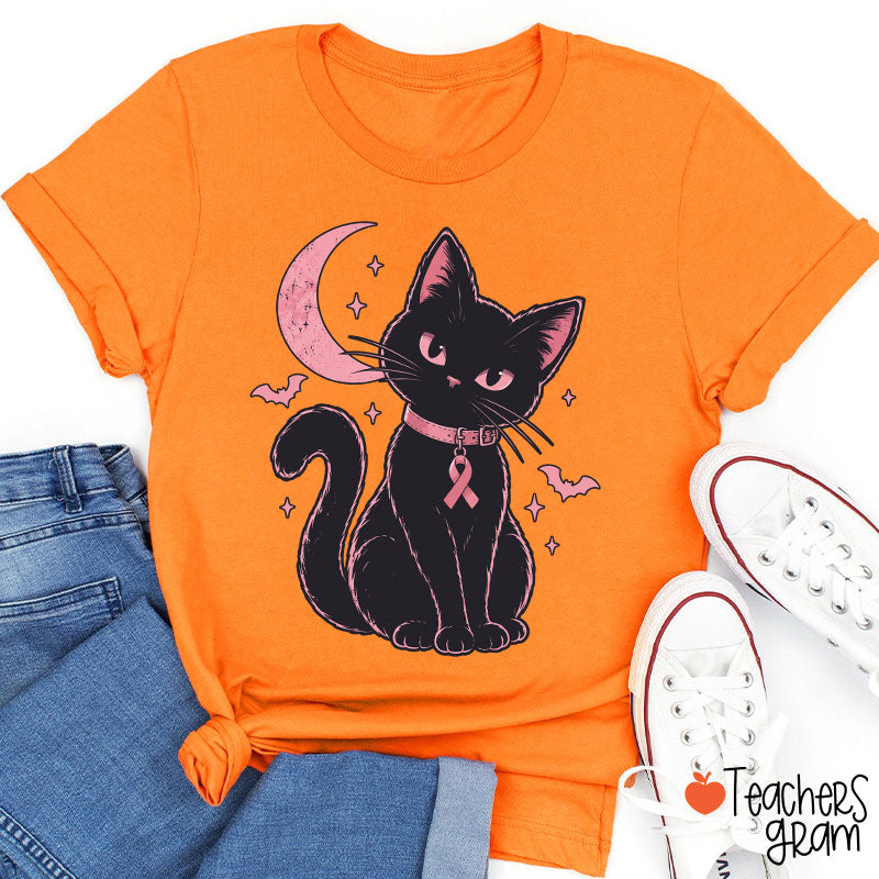Halloween Pink Ribbon Cat Teacher T-Shirt