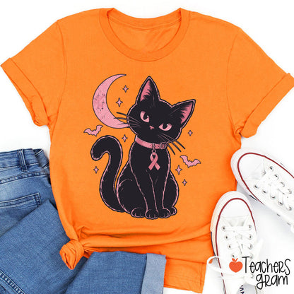 Halloween Pink Ribbon Cat Teacher T-Shirt