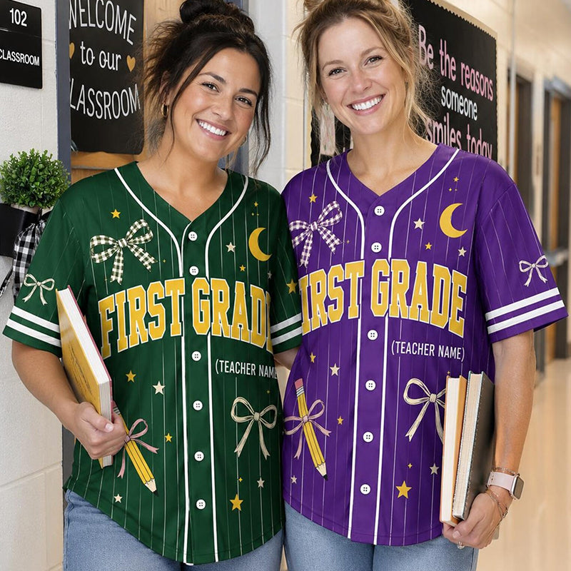 Personalized Grade And Name Bow Pencil Star Moon Graphic Teacher Baseball Jersey