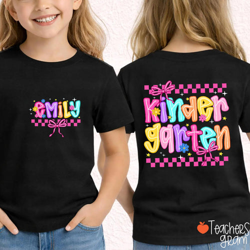 Personalized Grade And Name Checkered Bow Class Two Sided T-Shirt