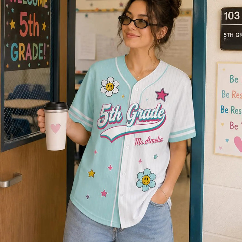 Personalized Grade And Name Flower Star Teacher Baseball Jersey