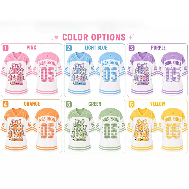 Personalized Grade And Name Gingham Bow Pencil Teacher Mesh Jersey