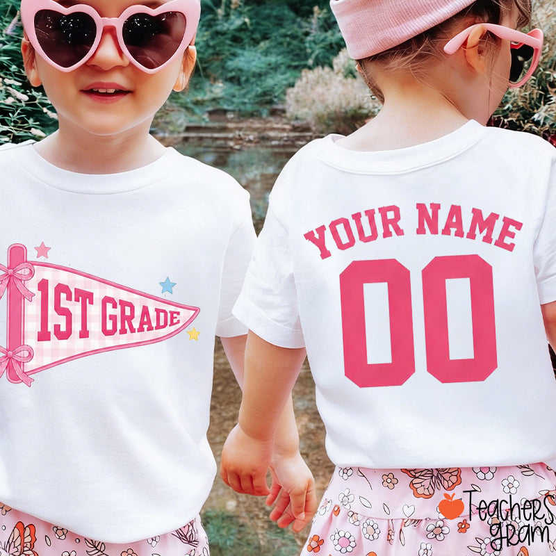 Personalized Grade And Name Gingham Pennant Class Two Sided T-Shirt