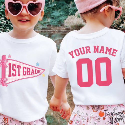 Personalized Grade And Name Gingham Pennant Class Two Sided T-Shirt