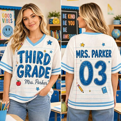 Personalized Grade And Name Notebook Lines Blue Printing Teacher Mesh Jersey