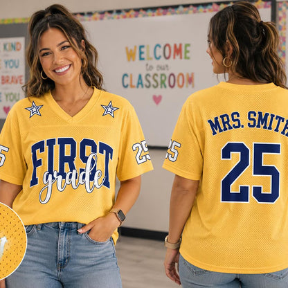 Personalized Grade And Name Number Star Decor Teacher Mesh Jersey
