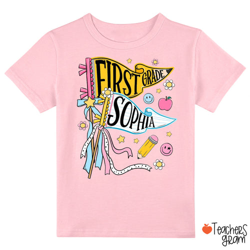 Personalized Grade And Name Pennant Bow School Supply Kid Class T-Shirt
