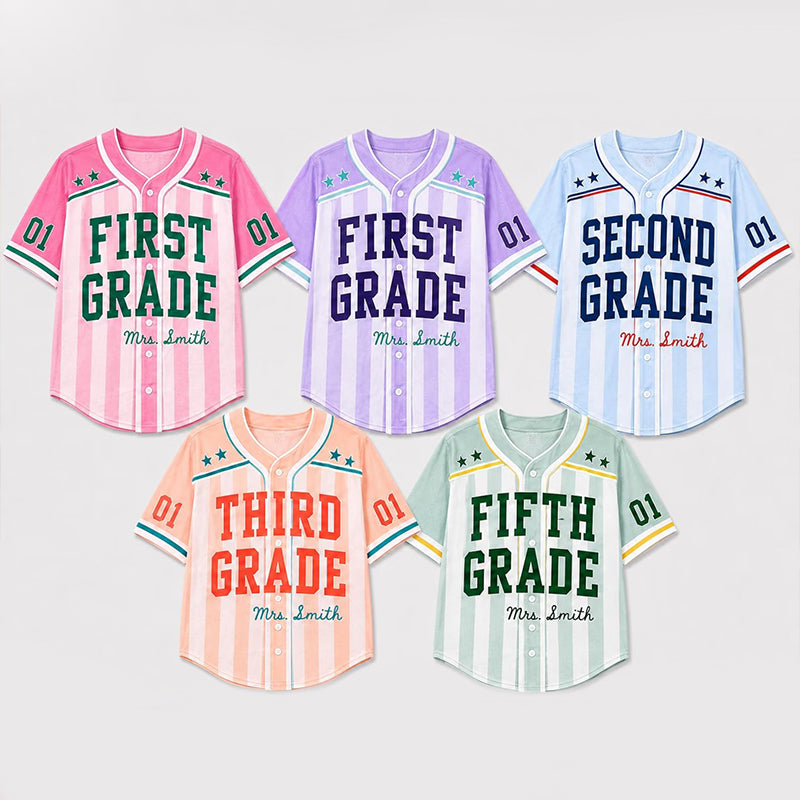 Personalized Grade And Name Vertical Stripe Star Number Teacher Baseball Jersey