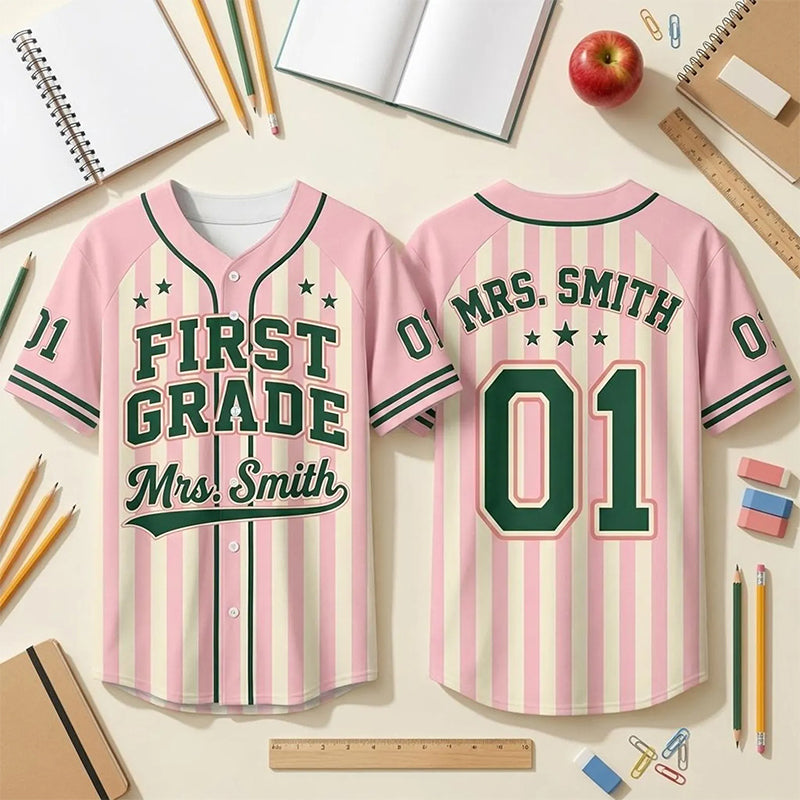 Personalized Grade Name And Number Vertical Stripe Teacher Baseball Jersey
