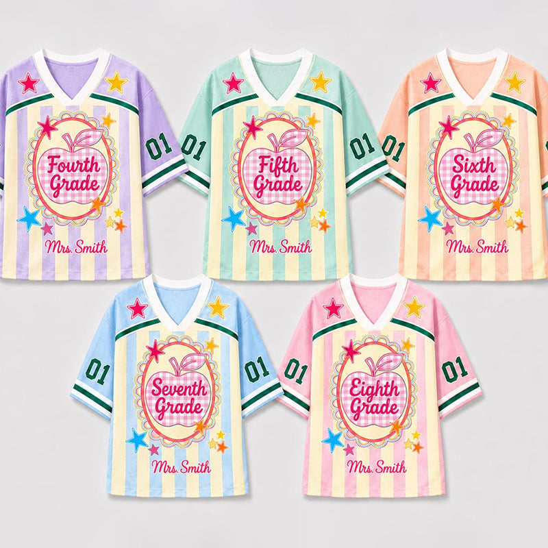 Personalized Grade Name Apple Plaid Striped Teacher Mesh Jersey