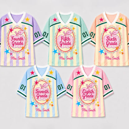 Personalized Grade Name Apple Plaid Striped Teacher Mesh Jersey