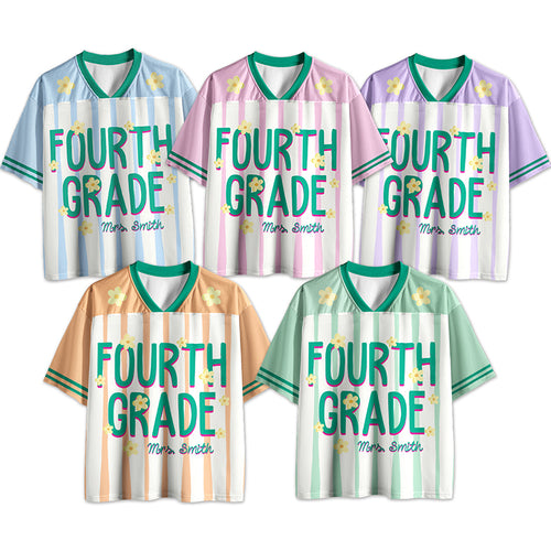 Personalized Grade Name Floral Striped Mesh Jersey